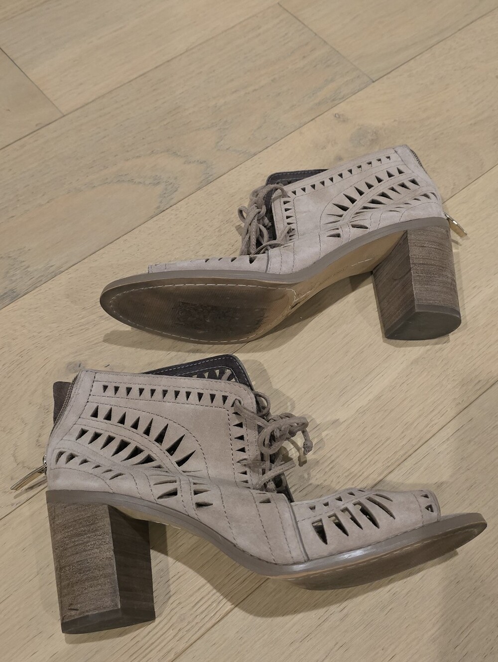 Vince Camuto Tarita Taupe Laser-Cut Lace-Up Block Heel Sandals